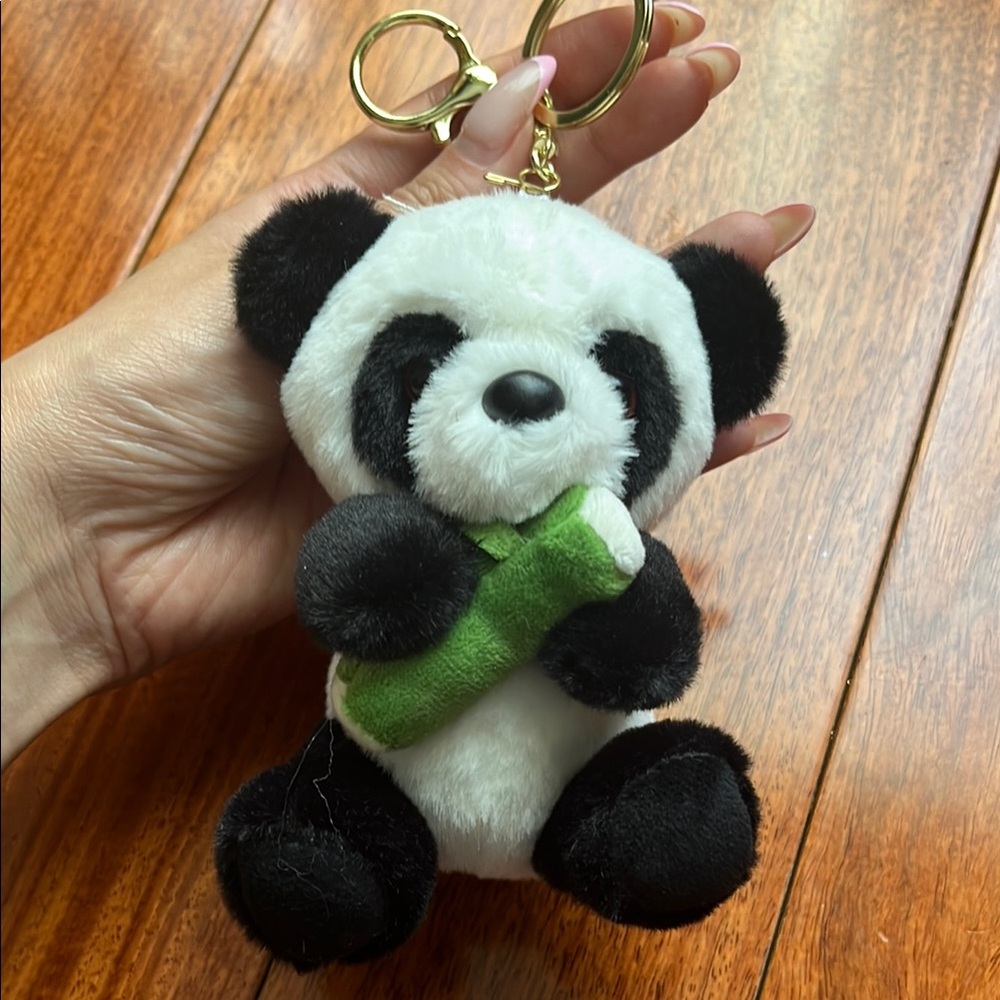 Panda Plush Keychain with Green Bamboo